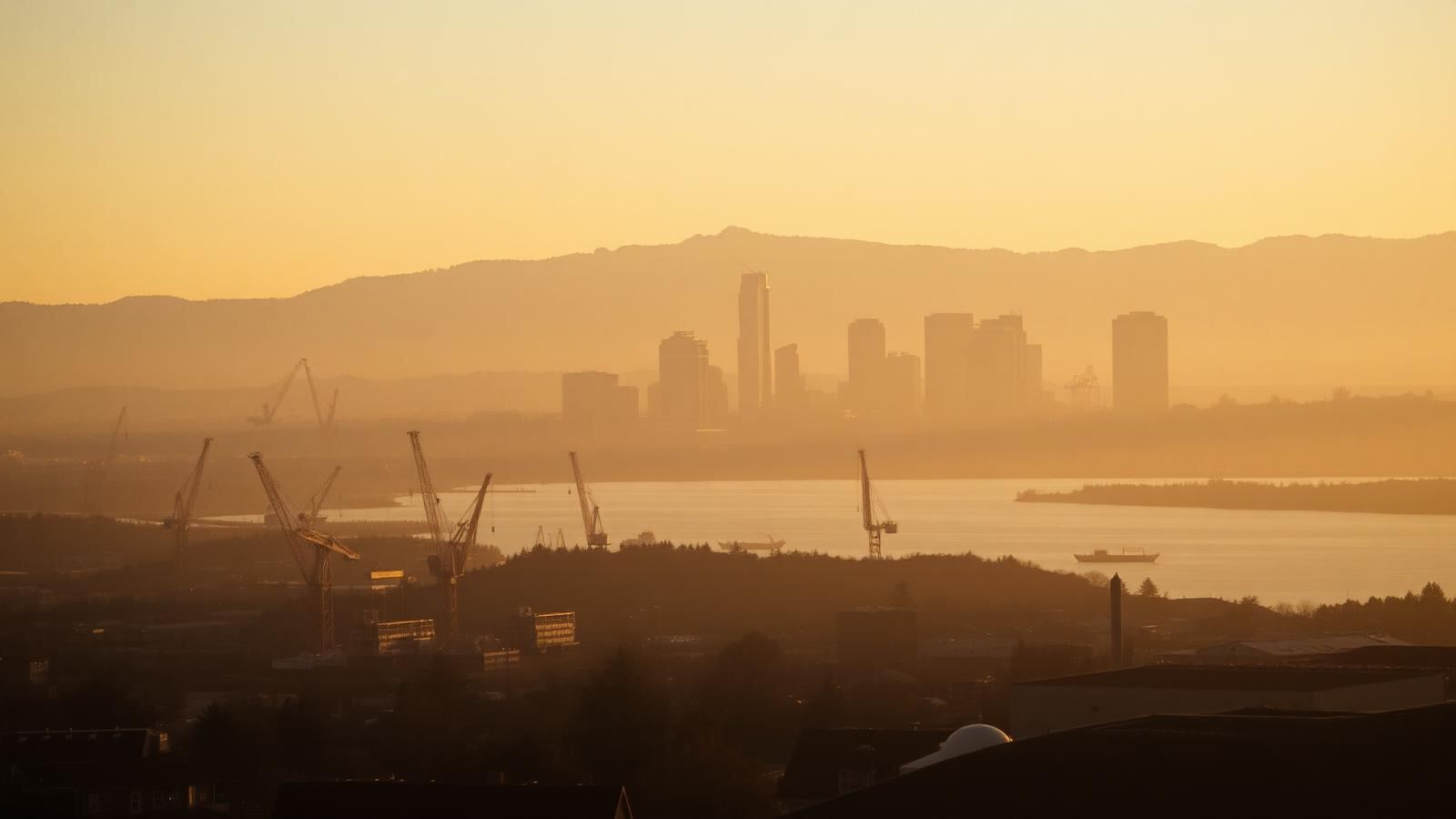 The Oakland, California waterfront and skyline at golden hour