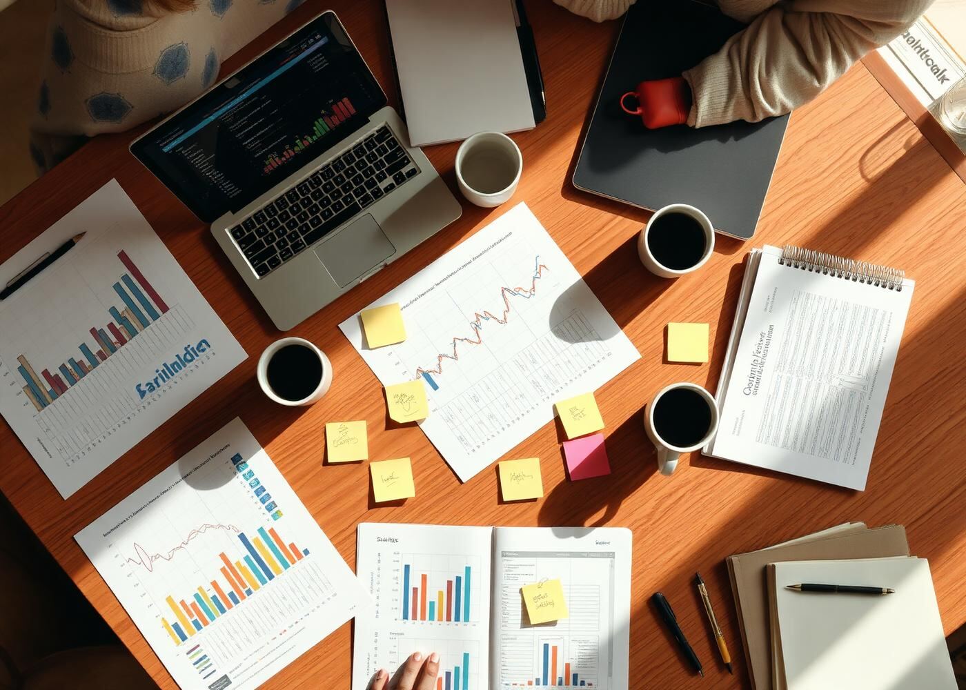 Printed performance reports, notes and a laptop dashboard during a Rayfield planning session